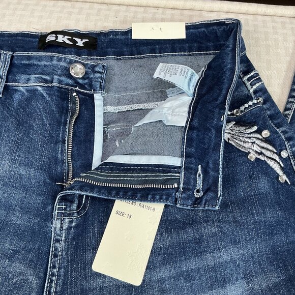 New Sky Premium Women's Western Flared Jeans Size 15 Angel Wings Skull Y2K - Picture 7 of 14